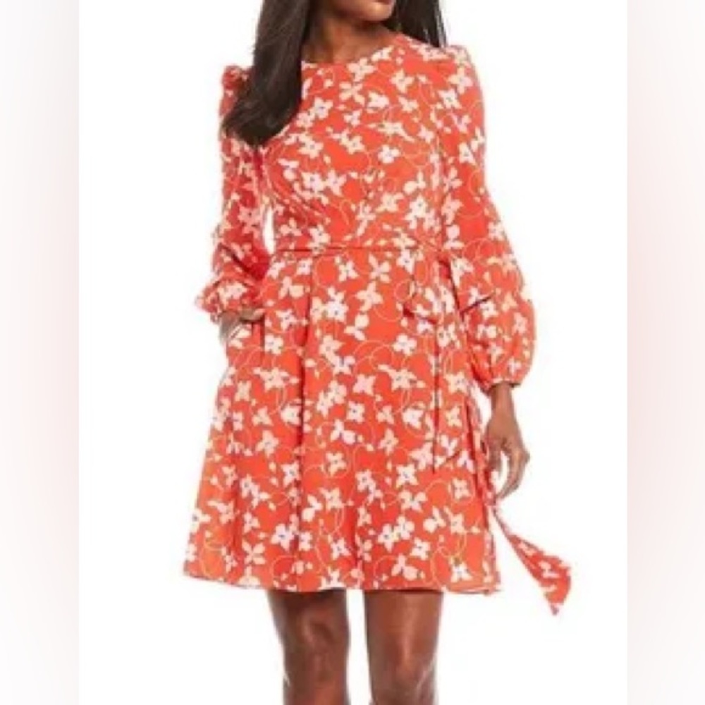 NEW Eliza J Floral Crepe Dress Size 4 Puff Sleeves Pockets Orange Red NWT